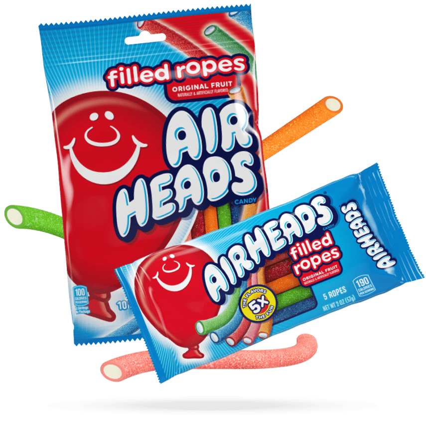A 5 pack and 10 pack of Airheads Filled Ropes. Some rope candies are out of the package.