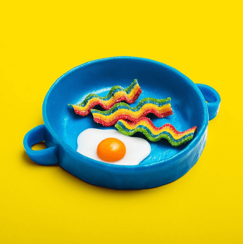 Eggs and Airheads Xtremes Belts on a skillet.